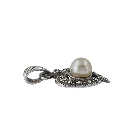 Vintage Sterling Silver 925 Marcasite Artificial Pearl Heart Pendant - Picture 3 of 6